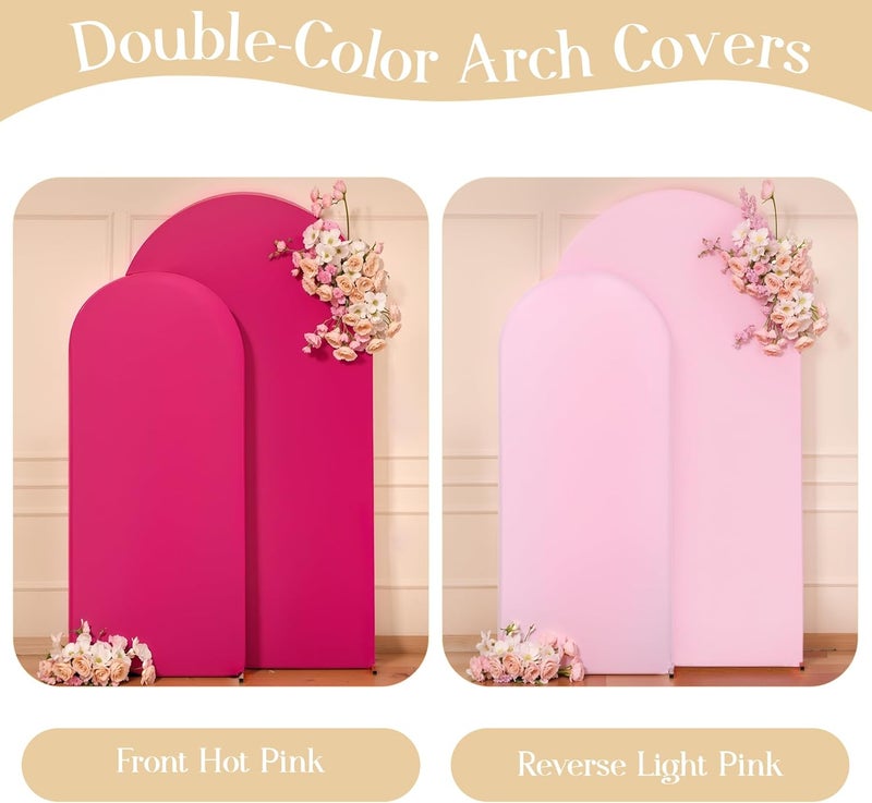 Suppromo Pink and Hot Pink Arch Cover 2 Set - 7.2FT and 6FT Arch Backdrop Cover Spandex Fitted Wedding Arch Stand Covers for Baby Shower Girls Birthday Party Photo Balloon Arch Covers Stretchy Backdrop - Image 2